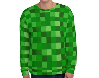Green Building Blocks Miner Creep Pattern All Over Print Unisex Sweatshirt