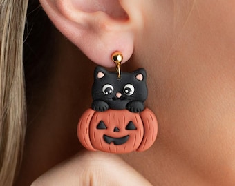 Black Cat in Pumpkin Earrings , Handmade Polymer Clay Halloween Jewelry , Cat lover gift