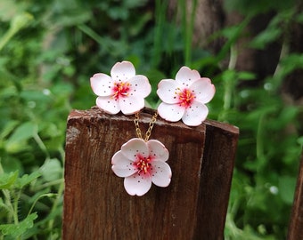 Cherry blossom stud earrings,Sakura necklace,Unique handmade Cherry blossom jewelry set,Gift for her,Gift for mom.Jewerly lower