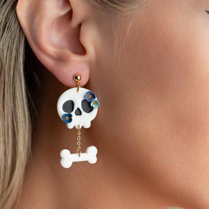 Floral Skull Drop Earrings: Handmade Polymer Clay Halloween Jewelry