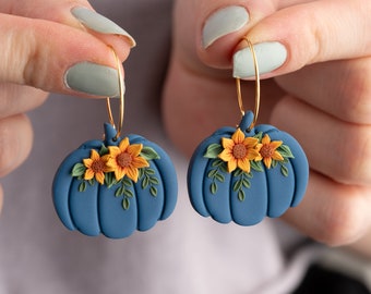 Pumpkin earrings with sunflowers | Pumpkin Bouquets earrings |Floral Pumpkin polymer clay jewelry