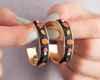 Fall themed huggie clay hoop earrings | Unique autumn icon earrings | 24k gold plated | fall jewelry |Fall earrings