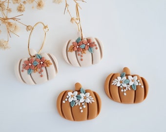 Orecchini a forma di zucca floreale, gioielli in pasta polimerica con zucca, orecchini autunnali in argilla, gioielli autunnali boho, gioielli autunnali, orecchini a forma di zucca