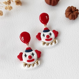 Spooky Clown Earrings with Red Balloon - Handmade Polymer Clay Halloween Jewelry