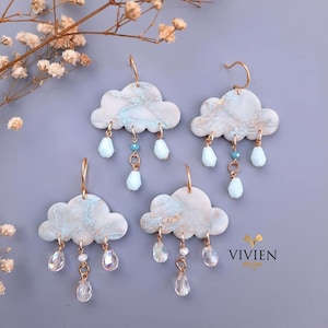 Cloud Polymer Clay Earrings: Beaded Dangle, Gold Plated