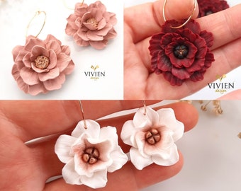 Boucles d'oreilles fleurs en pâte polymère| Boucles d'oreilles en plaqué or 24 carats | boucles d'oreilles étanches| Grandes boucles d'oreilles fleuries|boucles d'oreilles effet fleurs naturelles