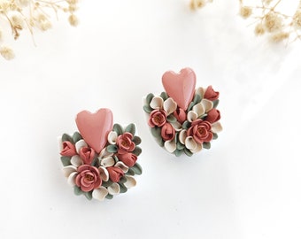 Unique floral polymer clay stud earrings with heart detail,handmade statement jewelry,cottagecore earrings,gift for her