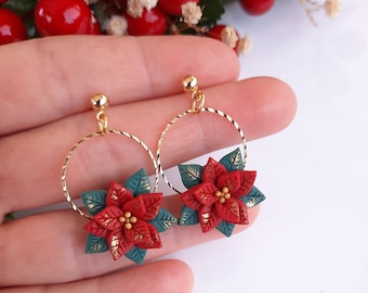 Poinsettia flower clay earrings | Christmas Clay Earrings | red poinsettia dangle | holiday |dangle & drop earrings holiday earrings