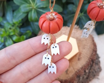 Pumpkin Dangle Earrings with Ghosts , Hanmade Polymer Clay Halloween jewelry ,Spooky Season Accessories