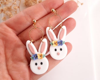 Floral easter bunny earrings | Handmade clay bunny earrings | Unique easter jewelry | Cute bunny earrings |Rabbit earrings