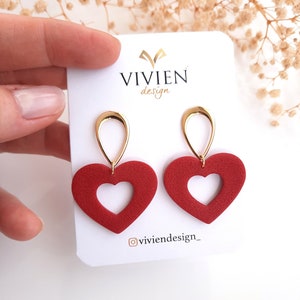 Deep red heart handmade polymer clay earrings | Heart Drop Earrings | 24k gold plated jewelry | big red heart dangle earrings