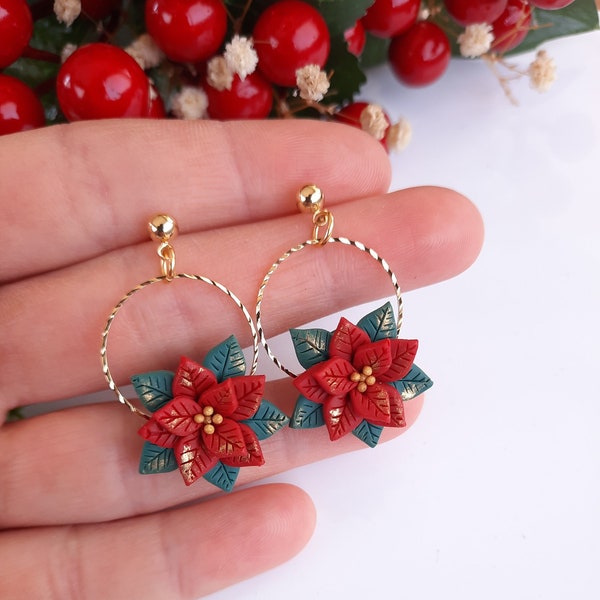 Poinsettia flower clay earrings | Christmas Clay Earrings | red poinsettia dangle | holiday |dangle & drop earrings holiday earrings