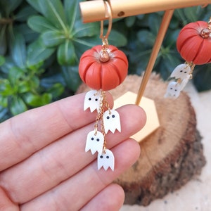 Pumpkin with Dangling Ghosts Earrings – Handmade Polymer Clay Halloween and Fall Jewelry