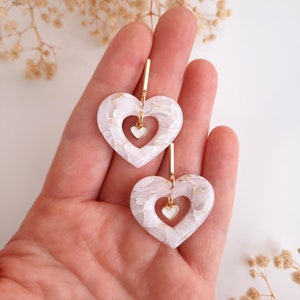 Handmade White Marble Heart Earrings: 24K Gold Plated Polymer Clay