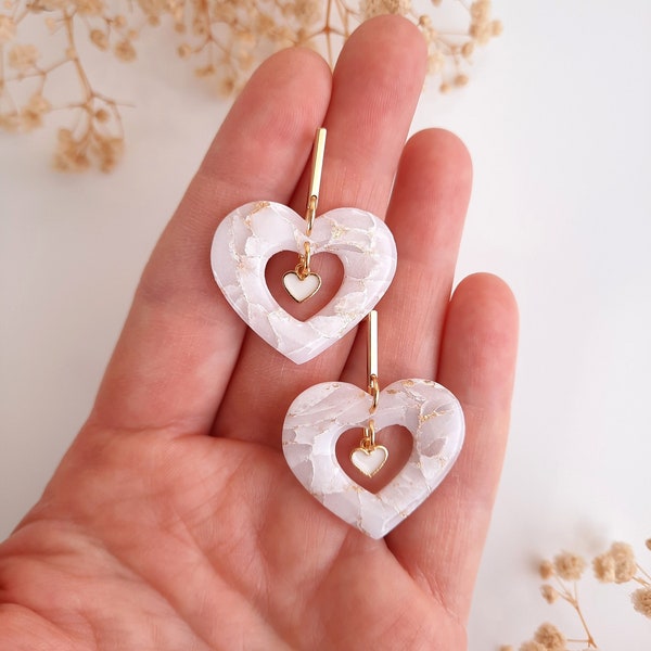 Handmade White Marble Heart Earrings: 24K Gold Plated Polymer Clay