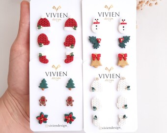 Minimalist Holiday Christmas Clay Stud Pack Earrings | winter stud earrings set | hat,mitten,sock stud set |Snowman,Holly Leaf,bell