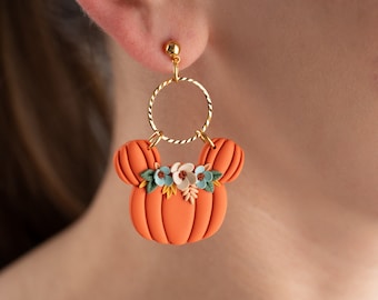 Floral Mickey Mouse pumpkin earrings | Disney Halloween earrings | Unique handmade halloween jewelry