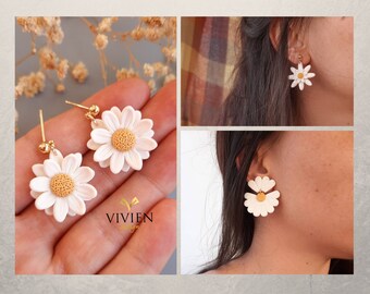 Boucles d’oreilles Daisy | boucle d’oreille en fleur blanche | Boucles d’oreilles délicates | boucles d’oreilles en argile polymère | bijoux en marguerite | boucles d’oreilles en grande fleur|contille en coton