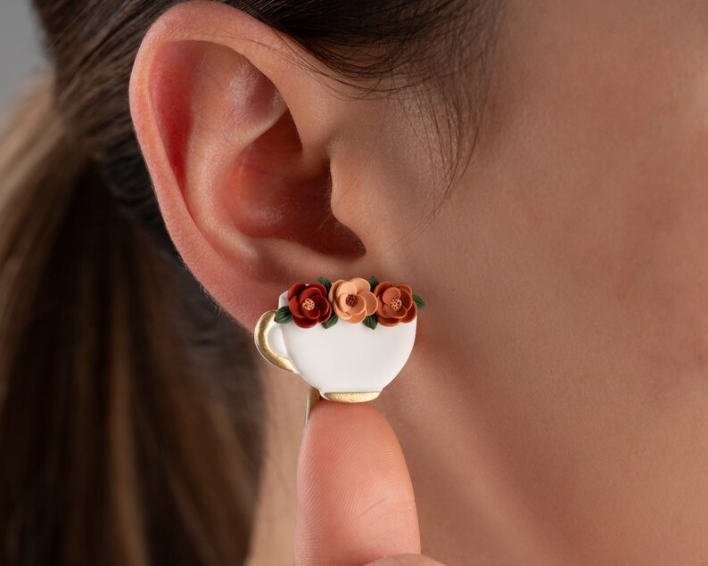 Autumn floral coffee mug stud earrings | Romantic elegant fall earrings | handmade autumn jewelry image 2