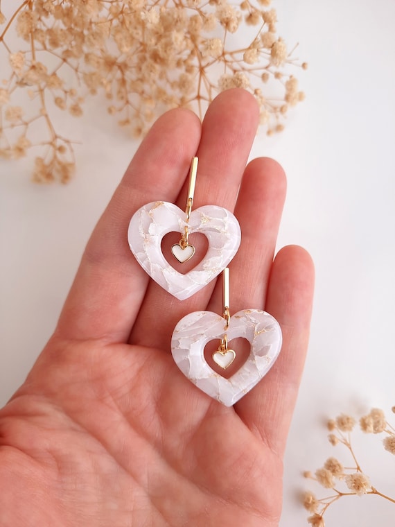 Handmade White Marble Heart Earrings: 24K Gold Plated Polymer Clay