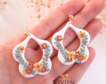 Floral polymer clay| Cottagecore clay earrings| 24k gold plated earrings |Embroidered Botanical Earring |Applique Polymergifts for mom