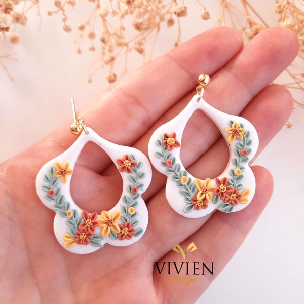 Floral polymer clay| Cottagecore clay earrings| 24k gold plated earrings |Embroidered Botanical Earring |Applique Polymergifts for mom