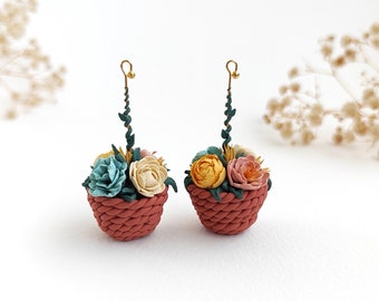 Pendientes únicos de maceta de flores, pendientes florales de arcilla polimérica, pendientes de arcilla cottagecore de flores, joyas de regalo hechas a mano