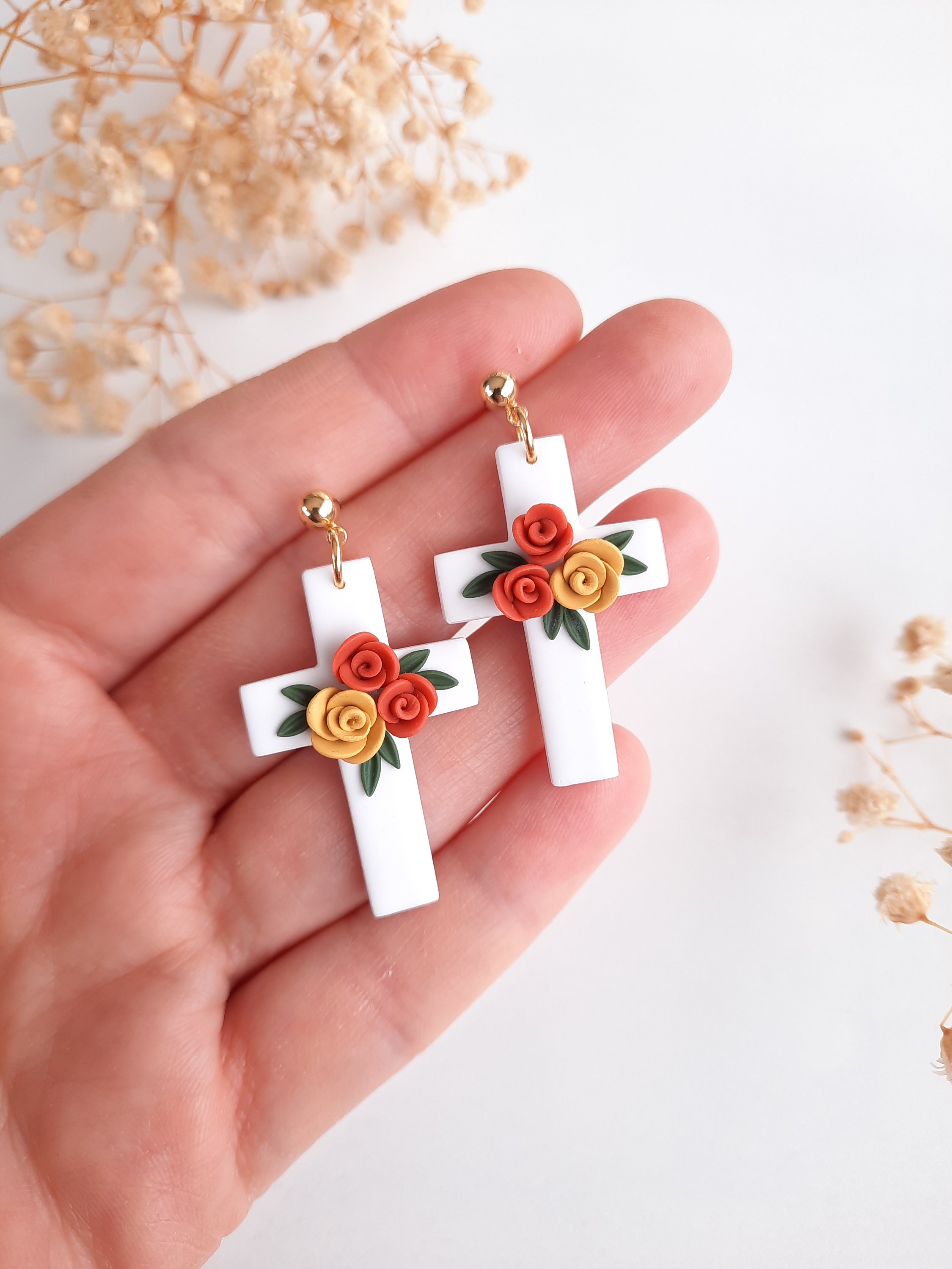 Floral Christian Cross Earrings Spring Cross Unique Jewelry