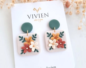 Floral Clay Earrings |Fall Colors Floral Textured Lightweight Handmade Polymer Clay Earrings |Flower Clay Earrings,