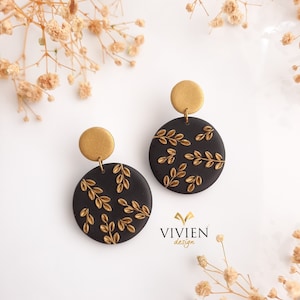 Floral Polymer Clay Earrings: Black & Antique Gold, Hypoallergenic
