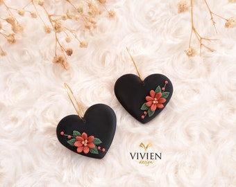 Floral Heart Clay Earrings: 24K Gold Plated Hoops
