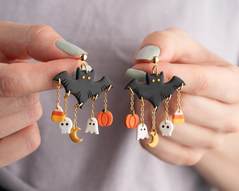 Halloween Bat Polymer Clay EarringsBat EarringsSpooky earrings creepy earrings Halloween Jewelry image 1