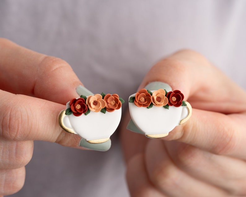 Autumn floral coffee mug stud earrings | Romantic elegant fall earrings | handmade autumn jewelry image 1