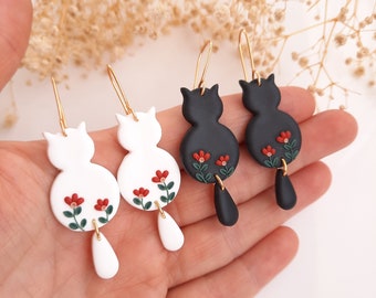 Polymer Clay Cat Earrings: Hypoallergenic Floral Dangle Earrings