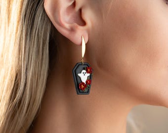 Floral Coffin Earrings with Ghost | Halloween Goth Earrings| Spooky jewelry | Halloween Clay Jewelry Gift | ghostly earrings