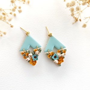 Floral polymer clay earrings,blue flower statement earrings,unique handmade jewerly gift