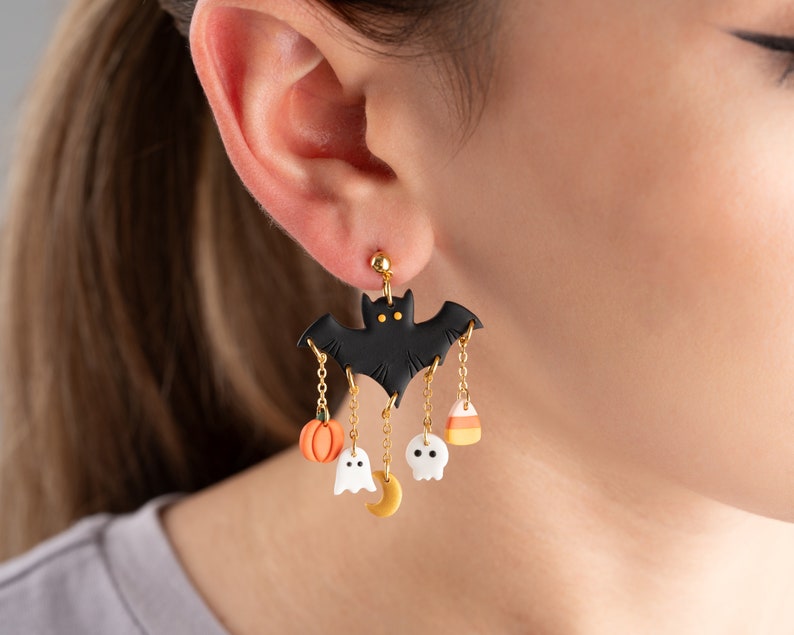 Halloween Bat Polymer Clay EarringsBat EarringsSpooky earrings creepy earrings Halloween Jewelry image 2