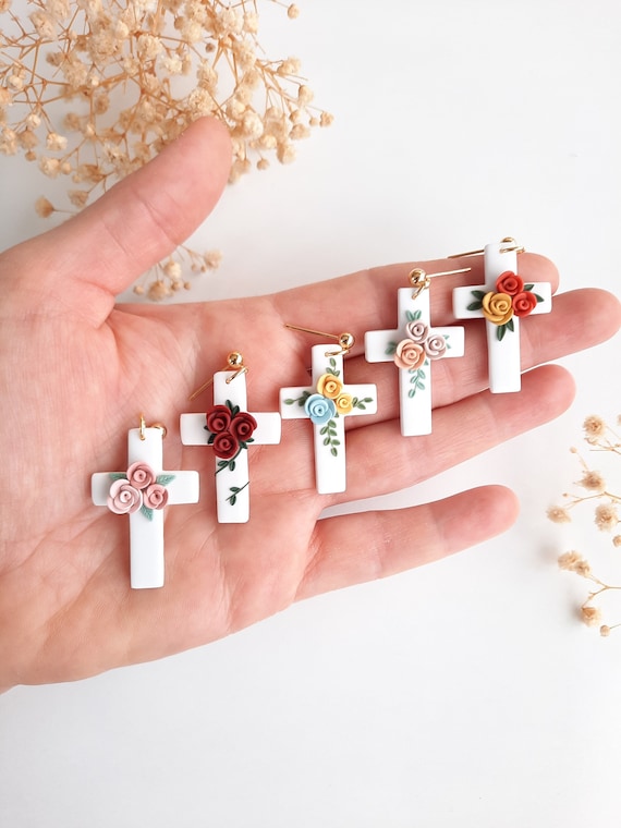 Floral Christian Cross Earrings Spring Cross Unique Jewelry