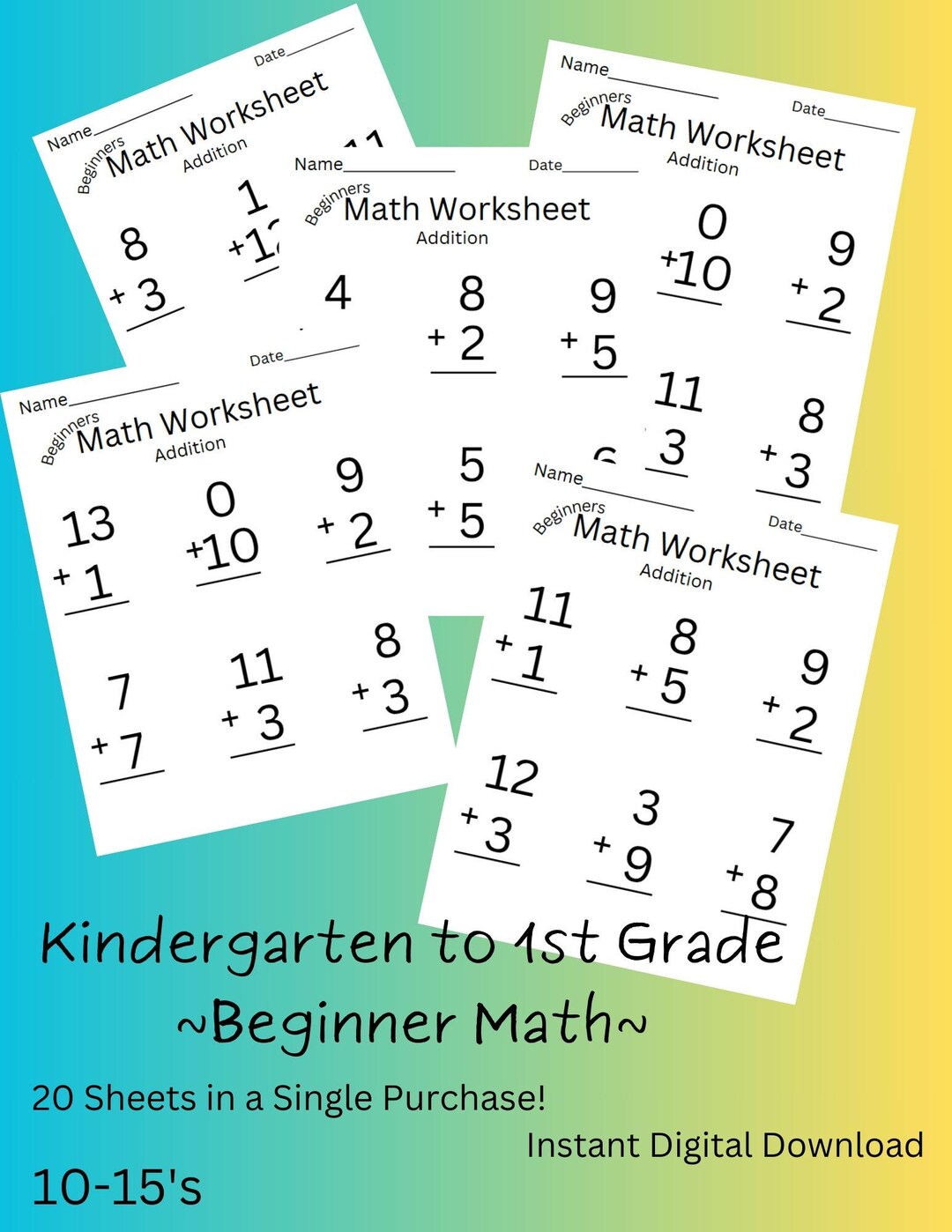 Kindergarten Math Worksheets: Beginner Addition, Ages 10-15 (printable ...