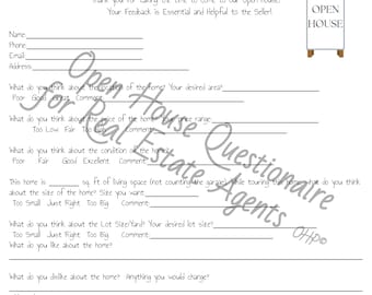 Open House Questionaire Feedback Form for Real Estate Agents|Printable PDF| Downloadable|