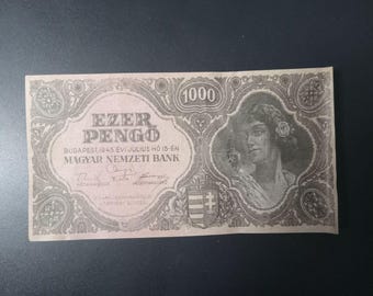 Post WW2 Hungary 1000 Pengo Banknote, Vintage Hungarian Currency Paper Money WWII 1945
