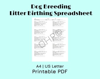 Dog Breeding | Litter Birthing Spreadsheet | Fill-in the blanks | Differentiate between your puppies! | Birthing Chart | Whelping Notes
