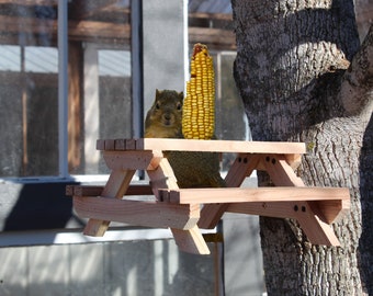 Handmade Cedar Picnic Table Squirrel Feeder with Corn Spike
