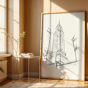 Chrysler Building DIGITAL Sketch, NYC Vintage-Style Pencil Art, New York Travel Architecture Wall Art, Chrysler Art Print, Minimal Sketch