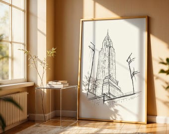 Chrysler Building DIGITAL Sketch, NYC Vintage-Style Pencil Art, New York Travel Architecture Wall Art, Chrysler Art Print, Minimal Sketch