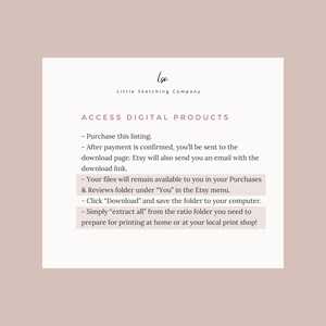 May include: A white text box with black text explaining how to access digital products purchased on Etsy. The text includes instructions on how to download and save files to your computer. The text also includes the name of the Etsy shop, "Little Sketching Company."