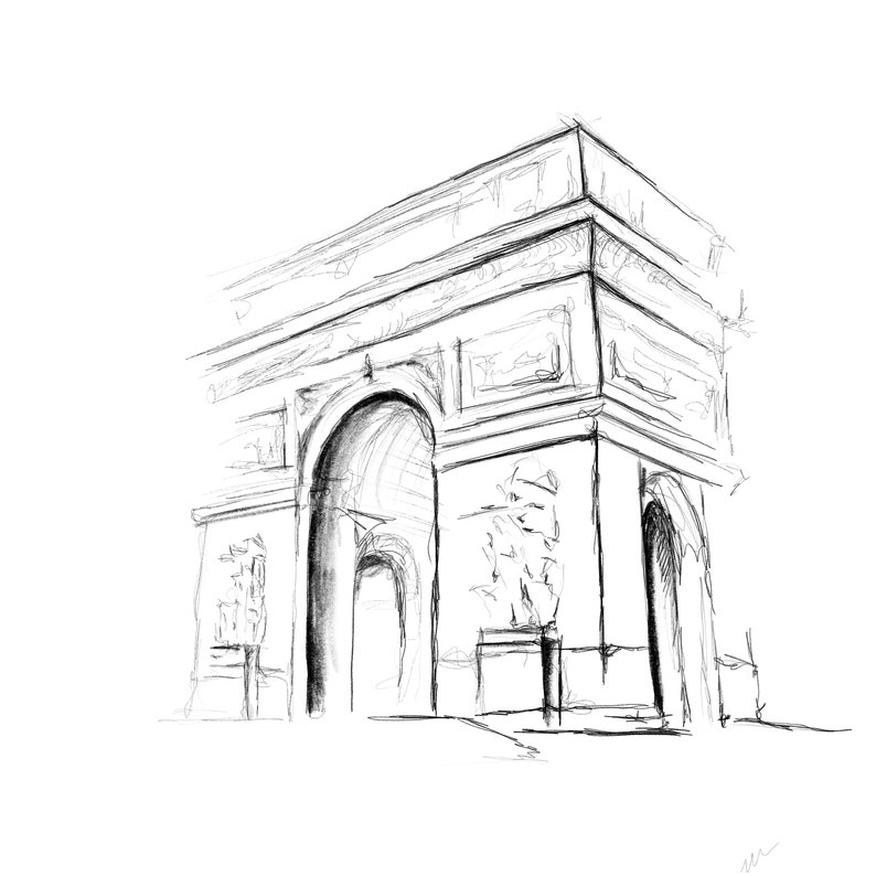May include: A black and white pencil sketch of the Arc de Triomphe in Paris, France.