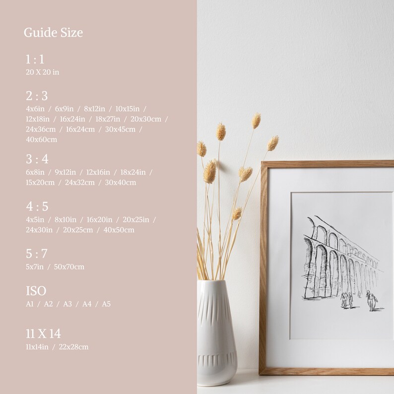 May include: A guide to different print sizes for artwork, with measurements in inches and centimeters. The guide includes ratios like 1:1, 2:3, 3:4, 4:5, 5:7, and ISO sizes like A1, A2, A3, A4, and A5. The guide also includes a 11x14 size with measurements in inches and centimeters.