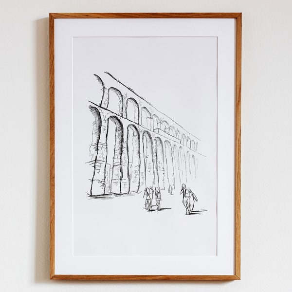 Aqueduct of Segovia Printable Pencil Drawing, Segovia, Spain Wall Decor, Travel Spain Wall Art, Black and White Simple Spanish Art