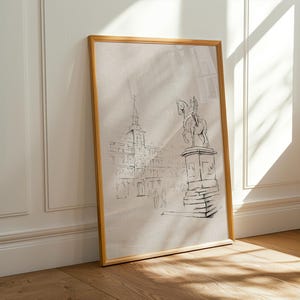 Boceto imprimible de la Plaza Mayor de Madrid en estilo vintage, Madrid, España, decoración de pared con estilo rural, decoración digital de estilo antiguo europeo